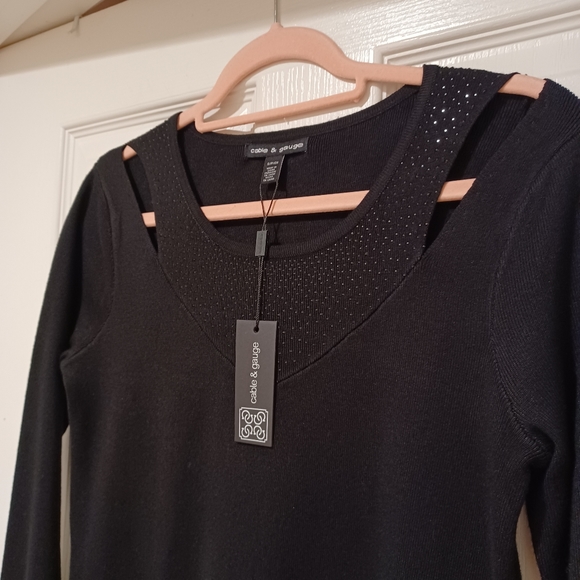 CABLE & GAUGE RHINESTONES SPARKLY BODYCON SWEATER DRESS CUT SHOULDER - Picture 10 of 10